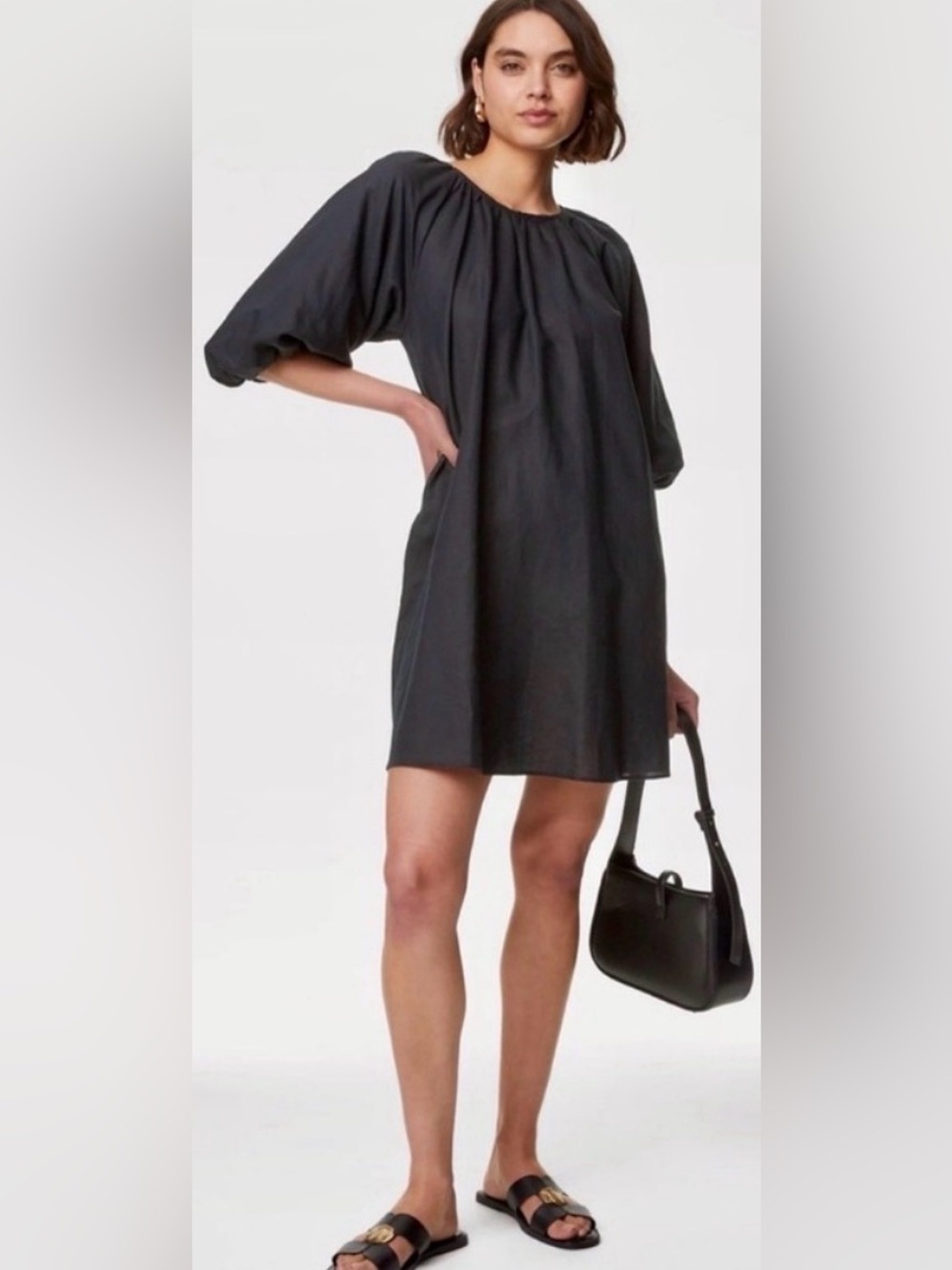 Jenni Kayne 100% Linen August Mini Dress Black XS pockets Puff sleeve Classic
